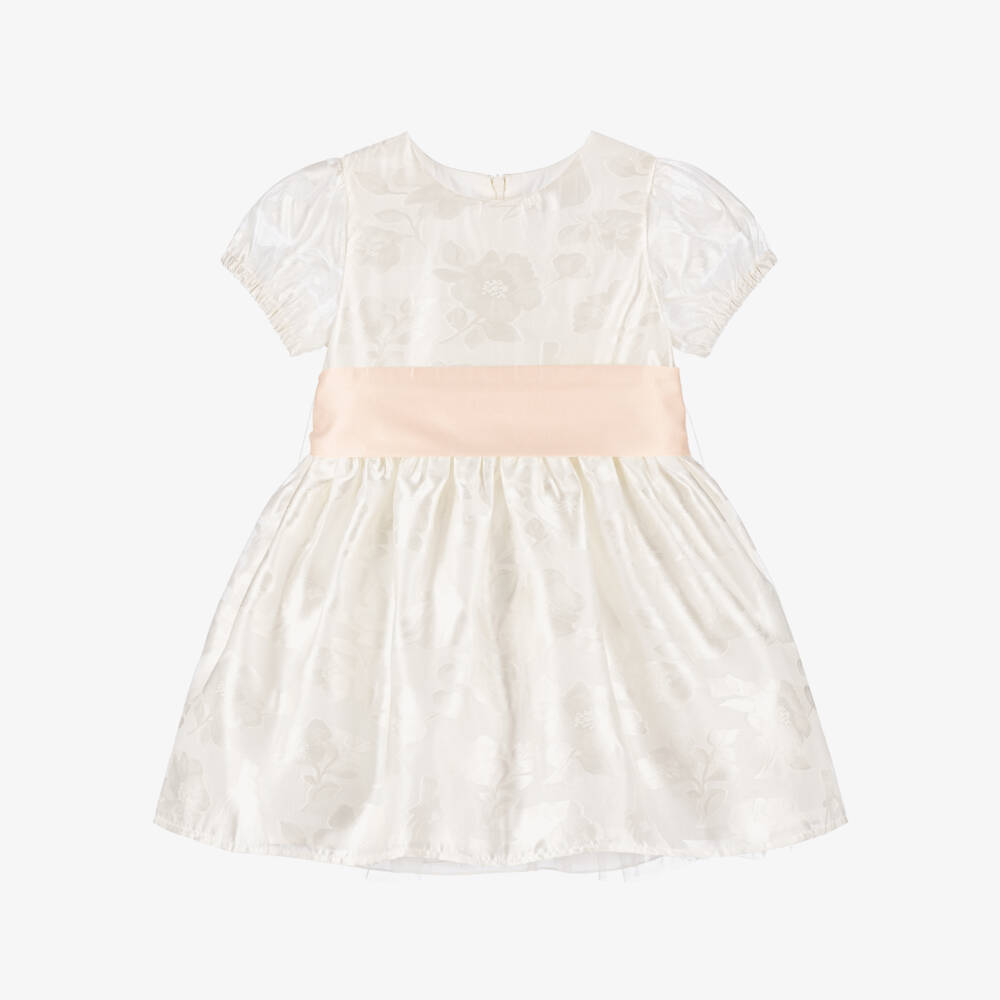 Rachel Riley-Girls Ivory Organza Jacquard Dress & Pink Sash | Childrensalon Outlet
