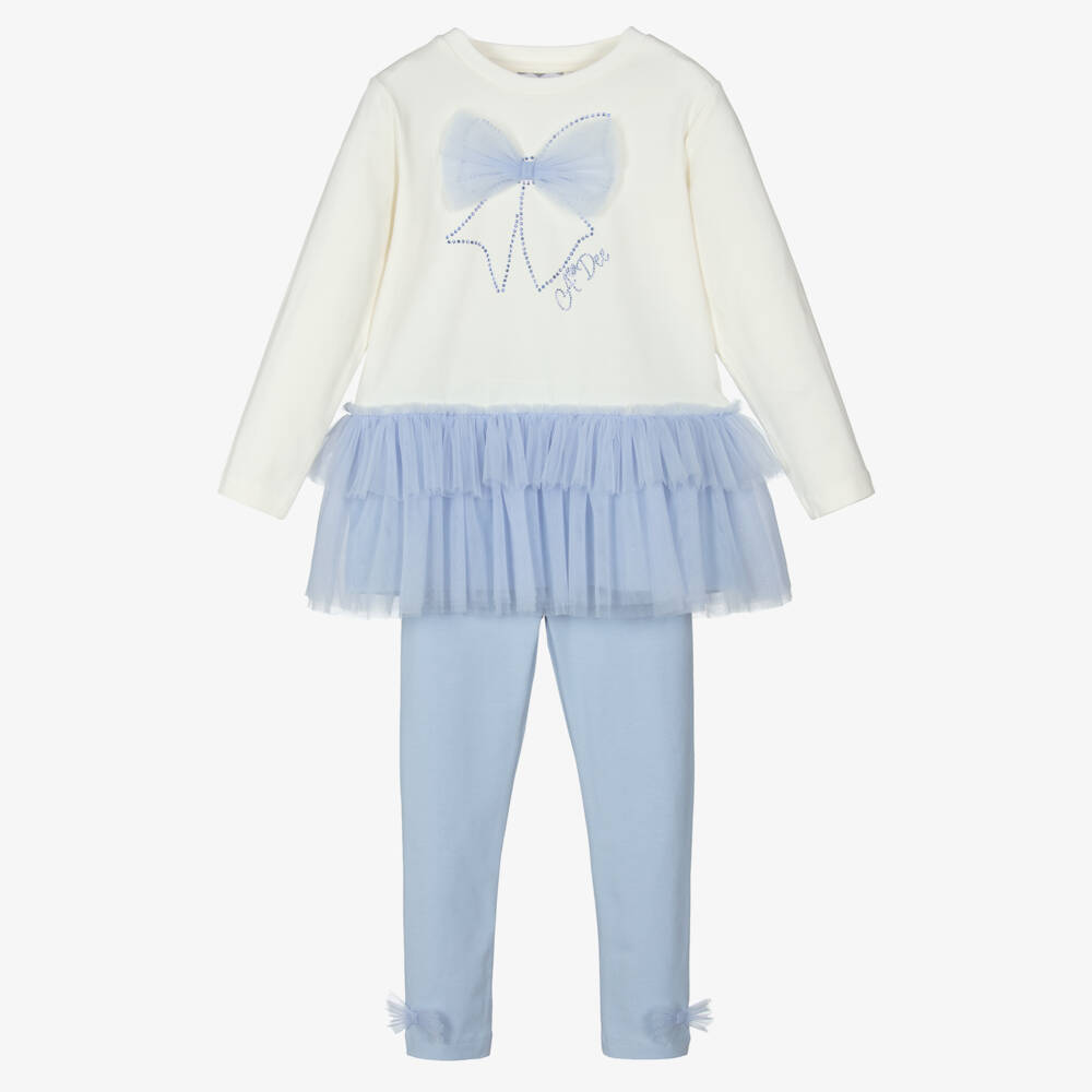 A Dee-Girls Ivory & Pale Blue Cotton Leggings Set with Tulle Bows | Childrensalon Outlet