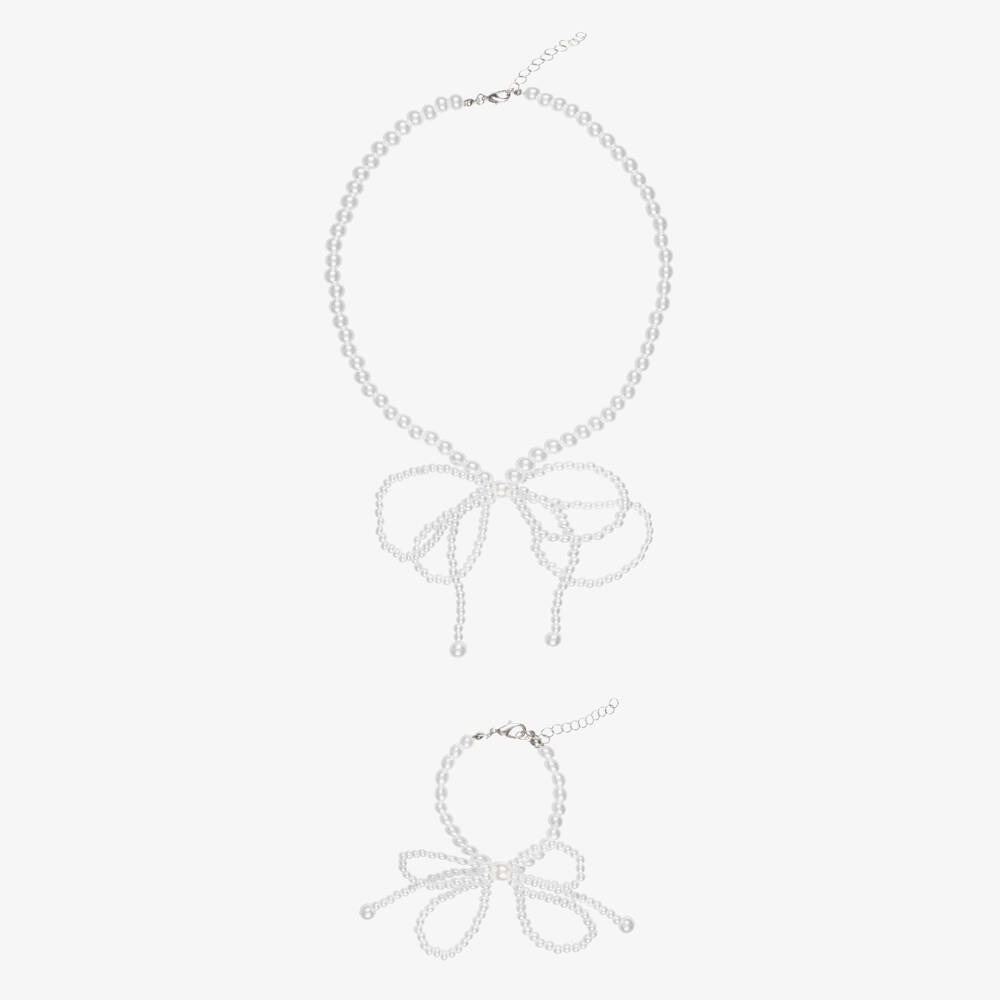 NAME IT-Girls Ivory Pearl Bead Bow Necklace & Bracelet Set | Childrensalon Outlet