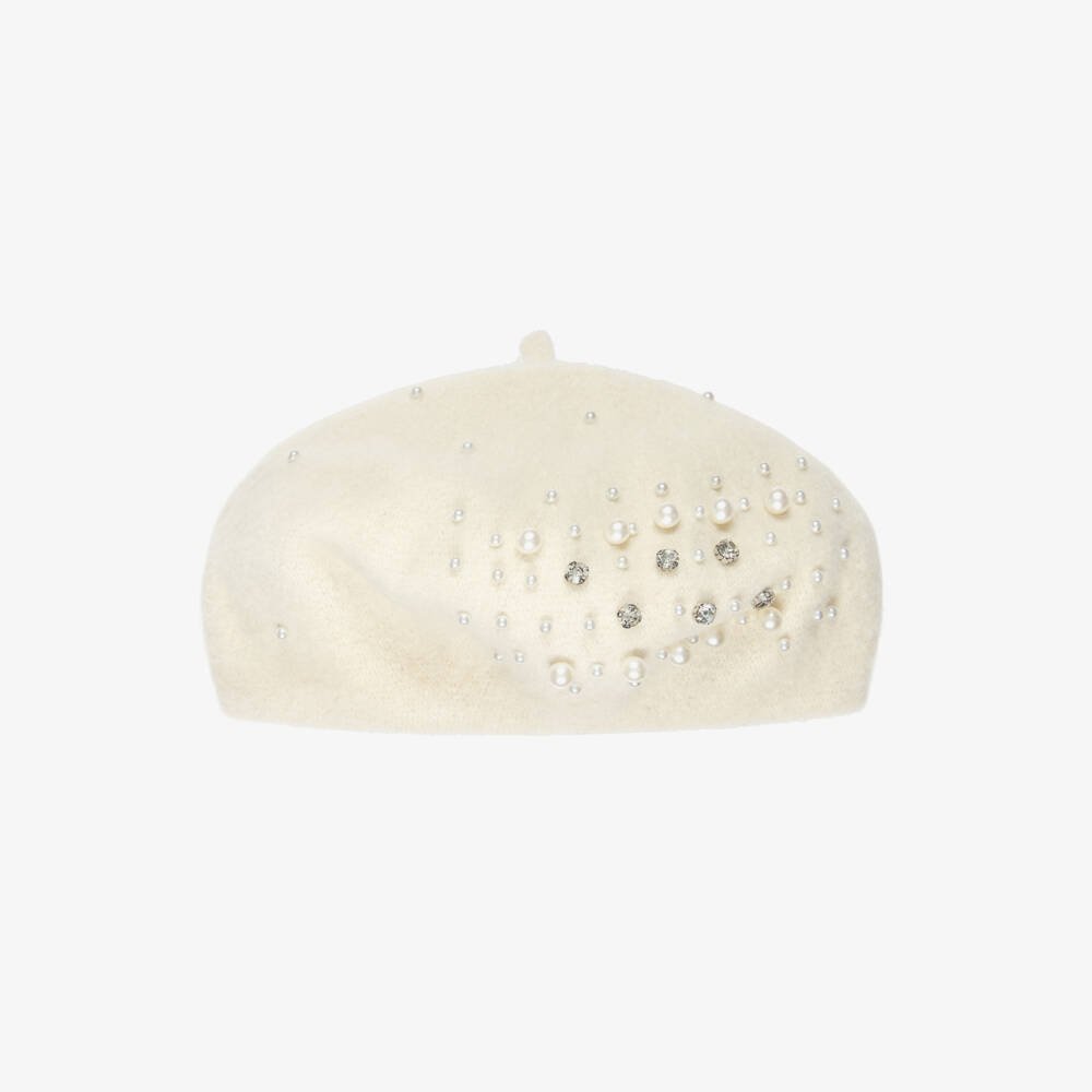 Monnalisa-Girls Ivory Pearl & DiamantÃ© Beret | Childrensalon Outlet