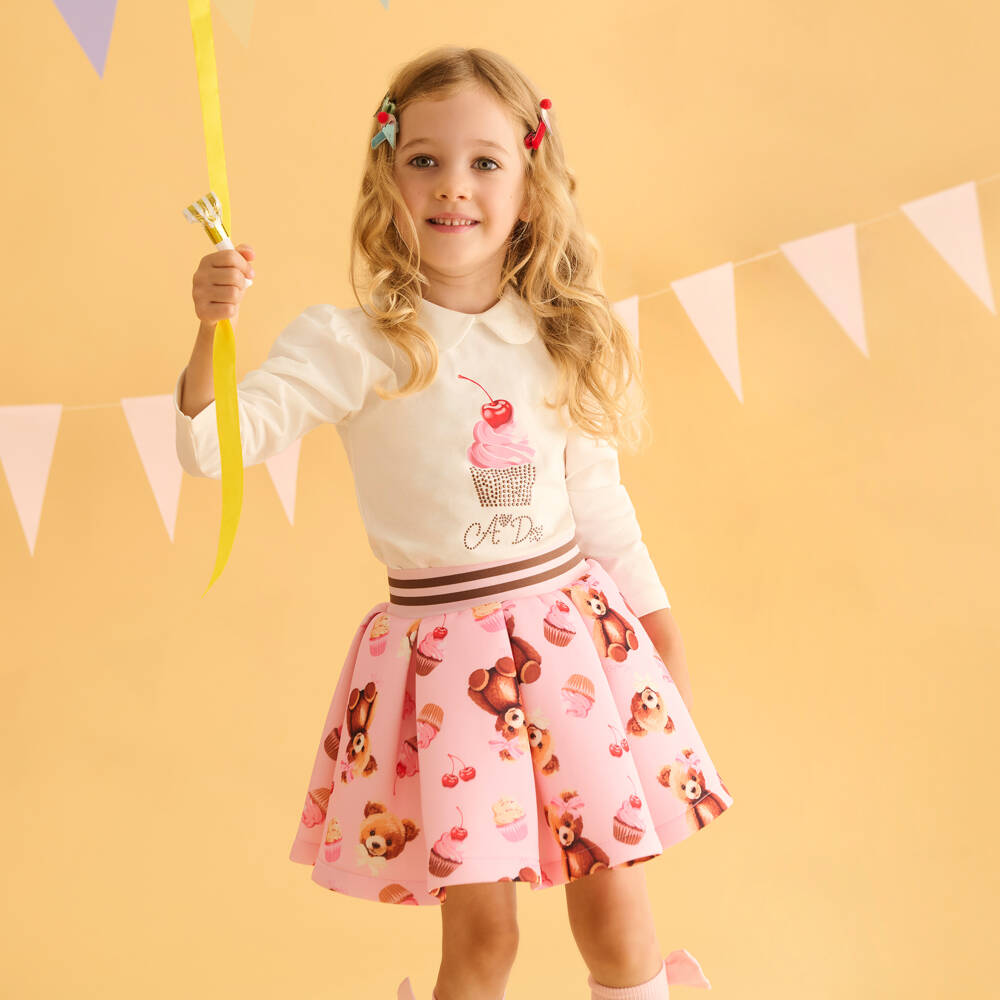A Dee-Girls Ivory & Pink Bear Print Jersey Skirt Set | Childrensalon Outlet