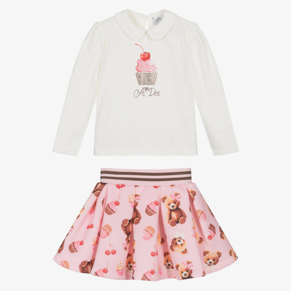 A Dee-Girls Ivory & Pink Bear Print Jersey Skirt Set | Childrensalon Outlet