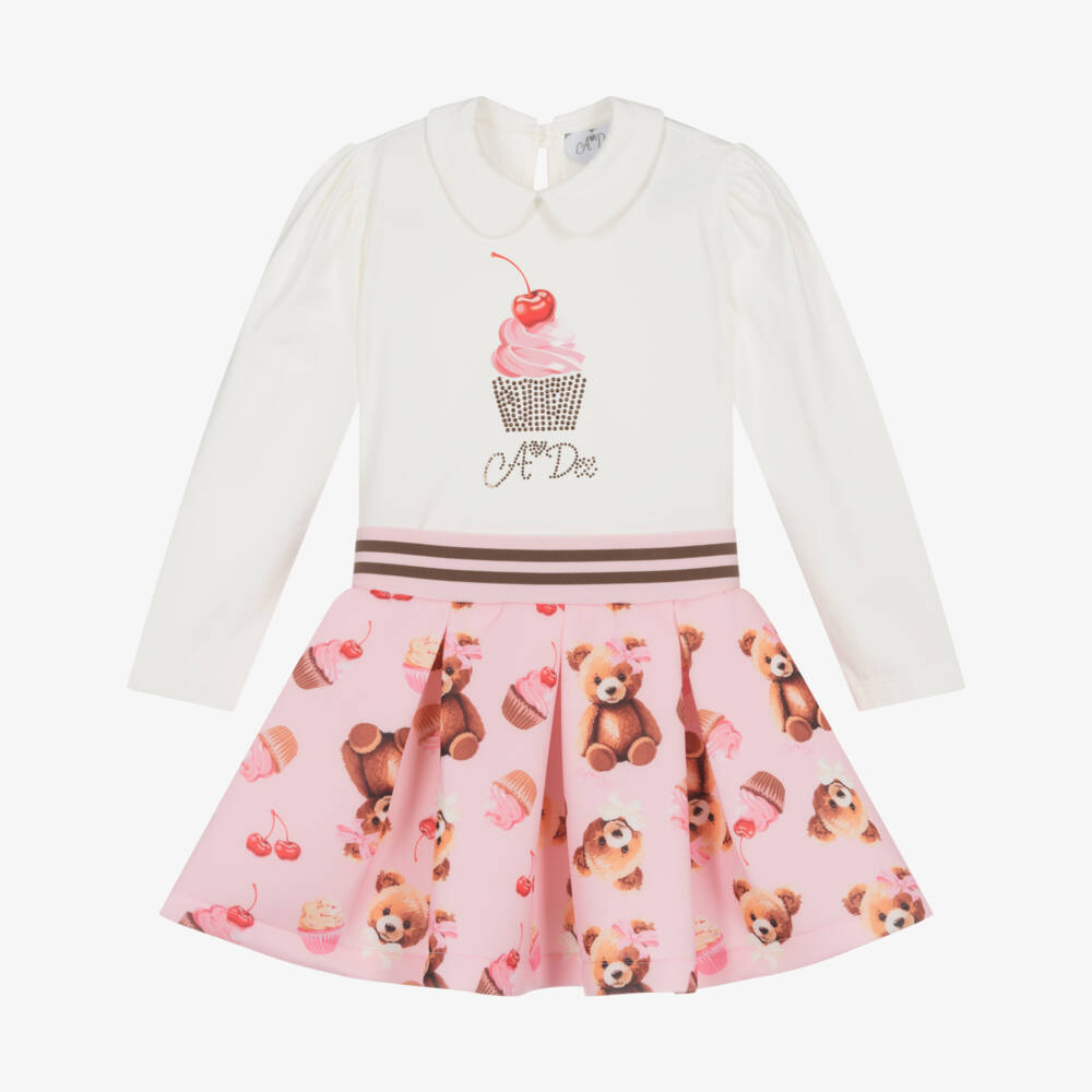 A Dee-Girls Ivory & Pink Bear Print Jersey Skirt Set | Childrensalon Outlet
