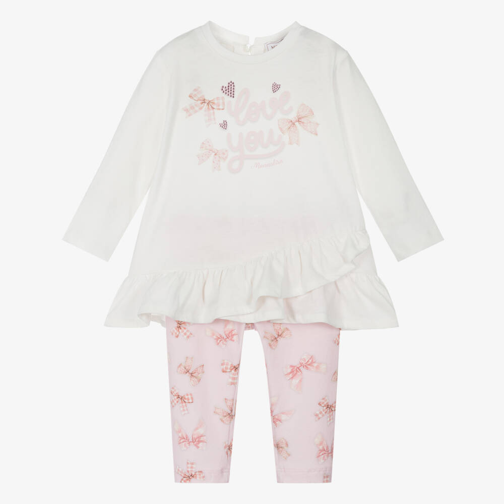 Monnalisa-طقم بناتي عاجي وردي مع فيونكة | Childrensalon Outlet
