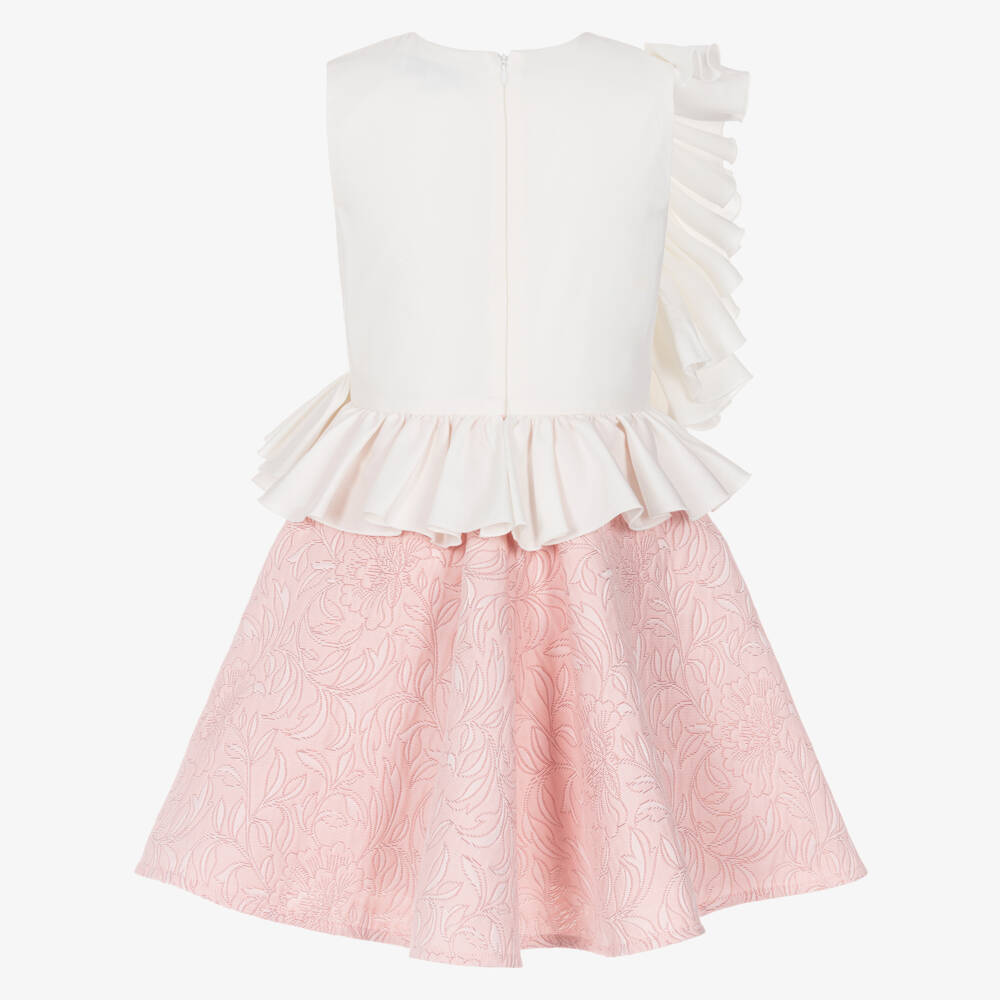 Jessie and James London-Girls Ivory & Pink Cotton Jacquard Dress with Ruffles | Childrensalon Outlet