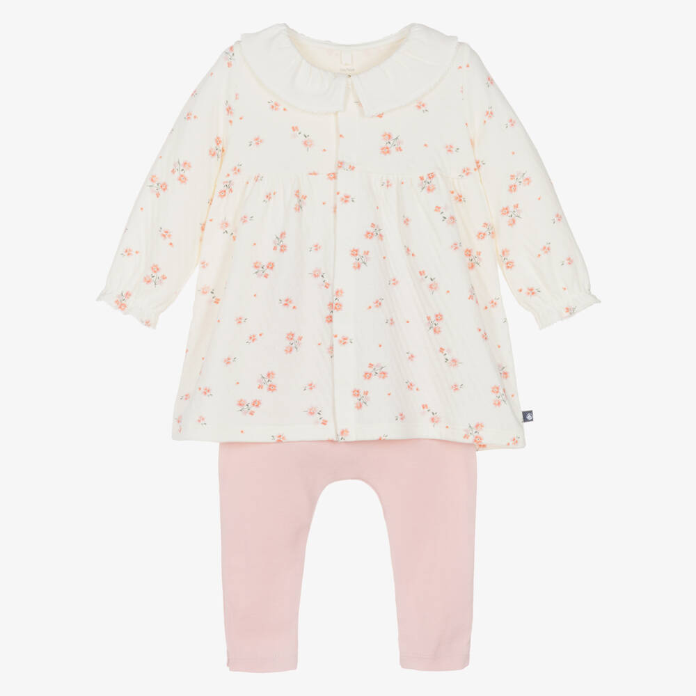 Petit Bateau-Girls Ivory & Pink Cotton Jersey Dress & Leggings Set | Childrensalon Outlet