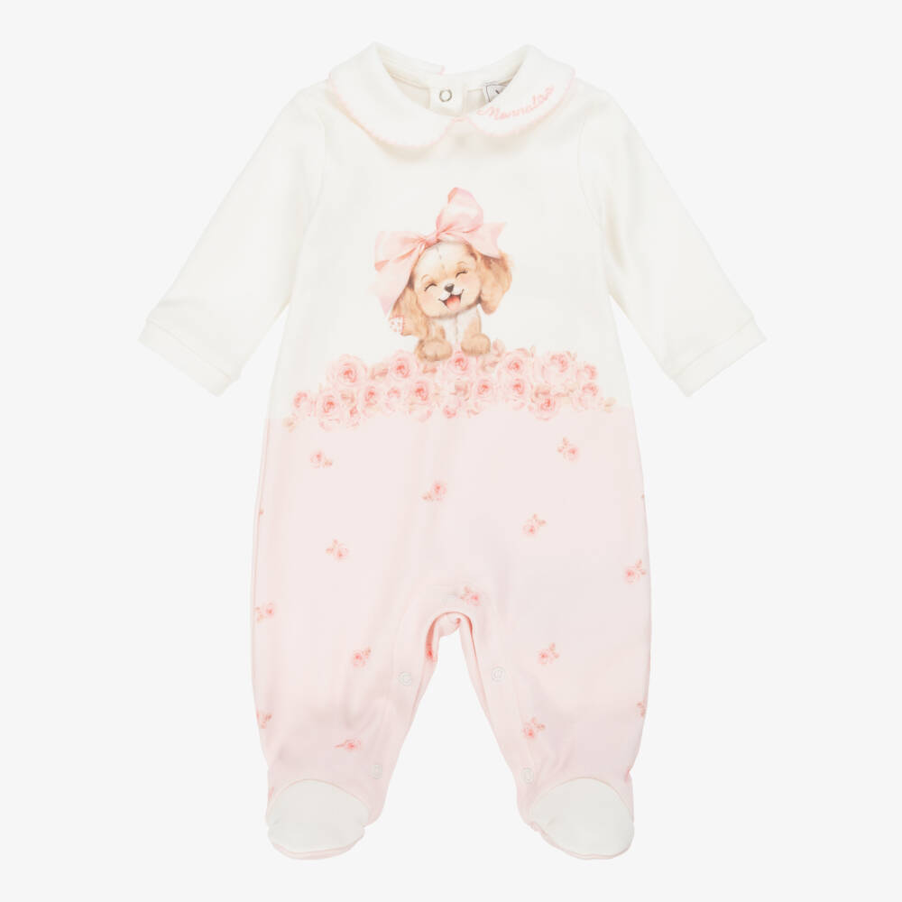 Monnalisa-Girls Ivory & Pink Cotton Puppy Dog Babygrow | Childrensalon Outlet