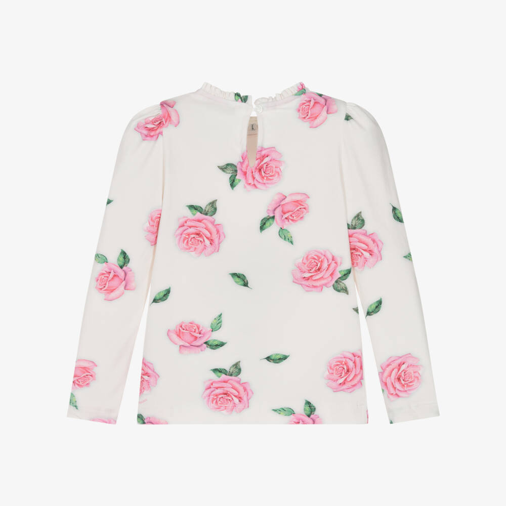 Monnalisa-Girls Ivory & Pink Cotton Roses Top with Logos | Childrensalon Outlet