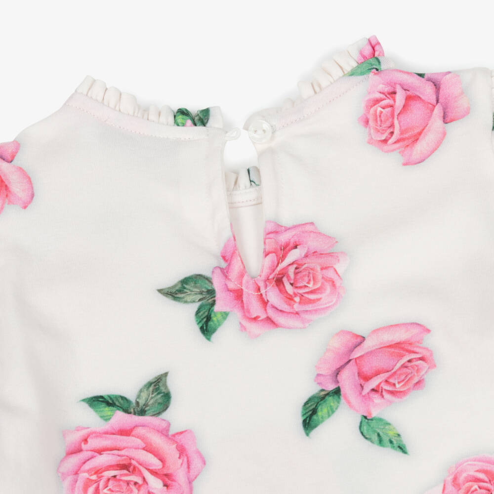 Monnalisa-Girls Ivory & Pink Cotton Roses Top with Logos | Childrensalon Outlet