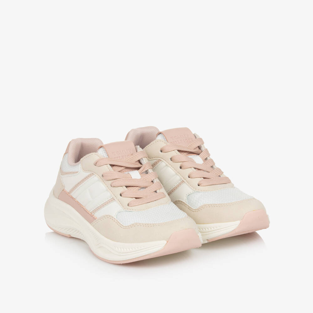 Tommy Hilfiger-Girls Ivory & Pink Faux Leather & Mesh Lace-up Trainers | Childrensalon Outlet