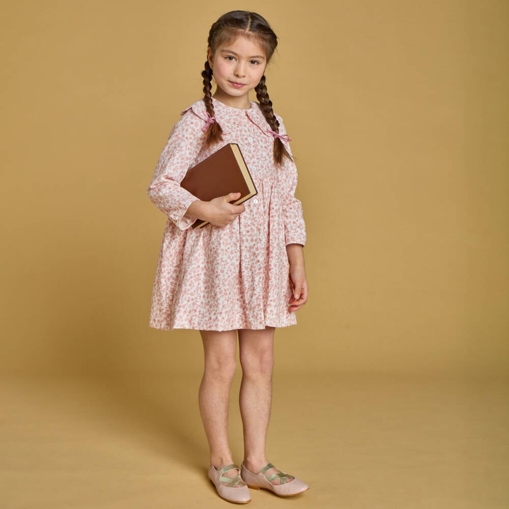 Kidiwi-Girls Ivory & Pink Floral Cotton Dress | Childrensalon Outlet