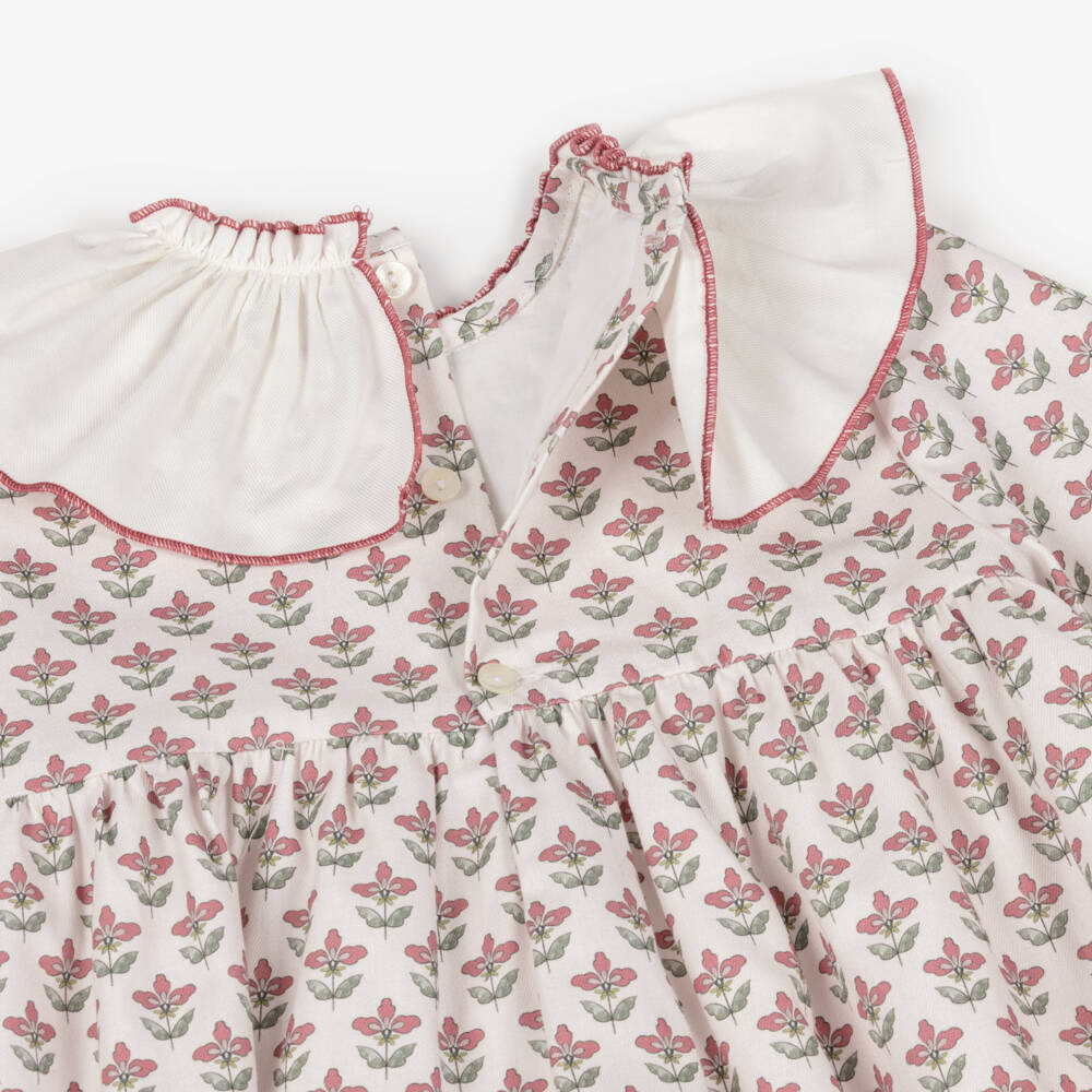 Paloma de la O-Girls Ivory & Pink Floral Cotton Dress with Ruffle Collar | Childrensalon Outlet