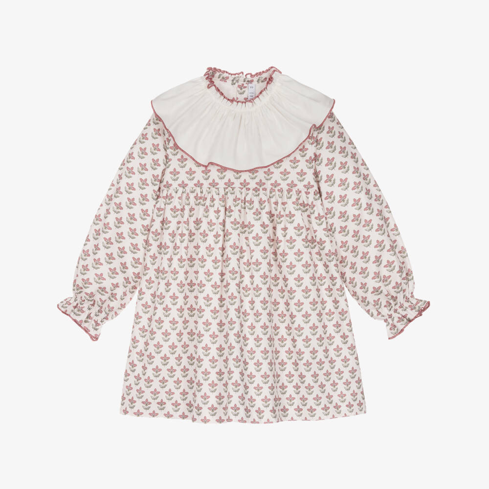 Paloma de la O-Girls Ivory & Pink Floral Cotton Dress with Ruffle Collar | Childrensalon Outlet