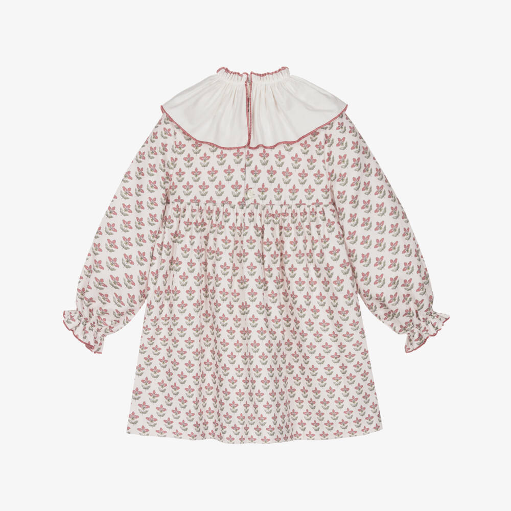 Paloma de la O-Girls Ivory & Pink Floral Cotton Dress with Ruffle Collar | Childrensalon Outlet