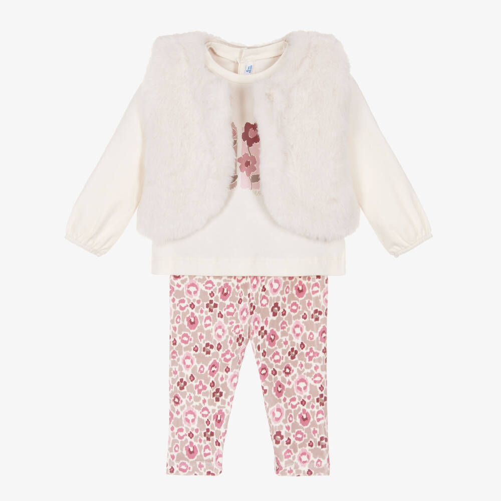 Mayoral-Girls Ivory & Pink Floral Cotton Leggings Set | Childrensalon Outlet