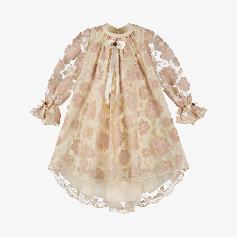 Junona-Girls Ivory & Pink Floral Tulle & Satin Dress | Childrensalon Outlet