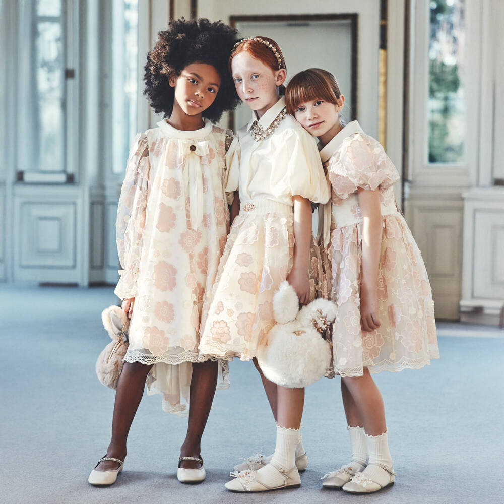 Junona-Girls Ivory & Pink Floral Tulle & Satin Dress | Childrensalon Outlet