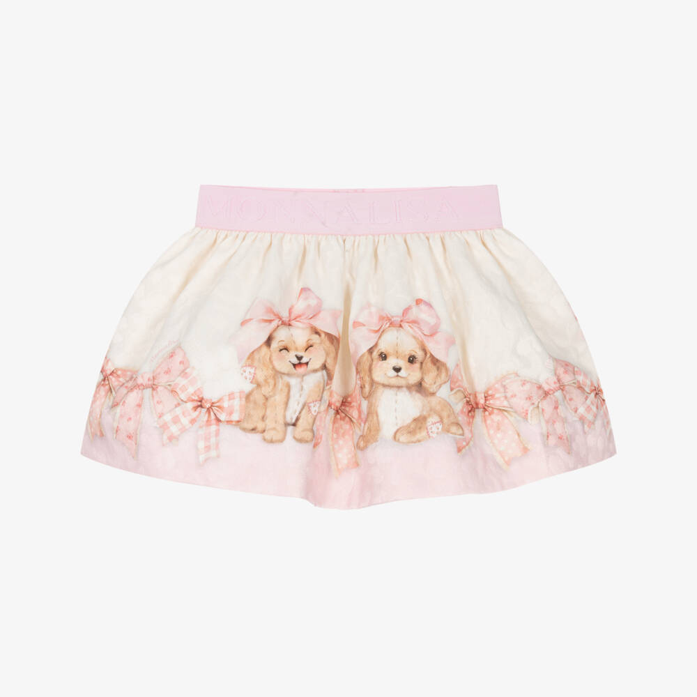 Monnalisa-Girls Ivory & Pink Jacquard Puppy Skirt | Childrensalon Outlet