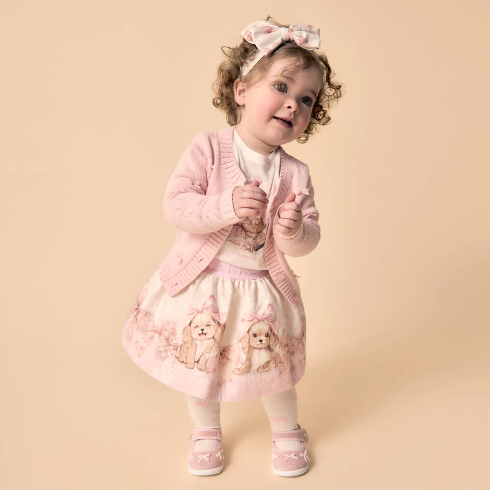 Monnalisa-Girls Ivory & Pink Jacquard Puppy Skirt | Childrensalon Outlet