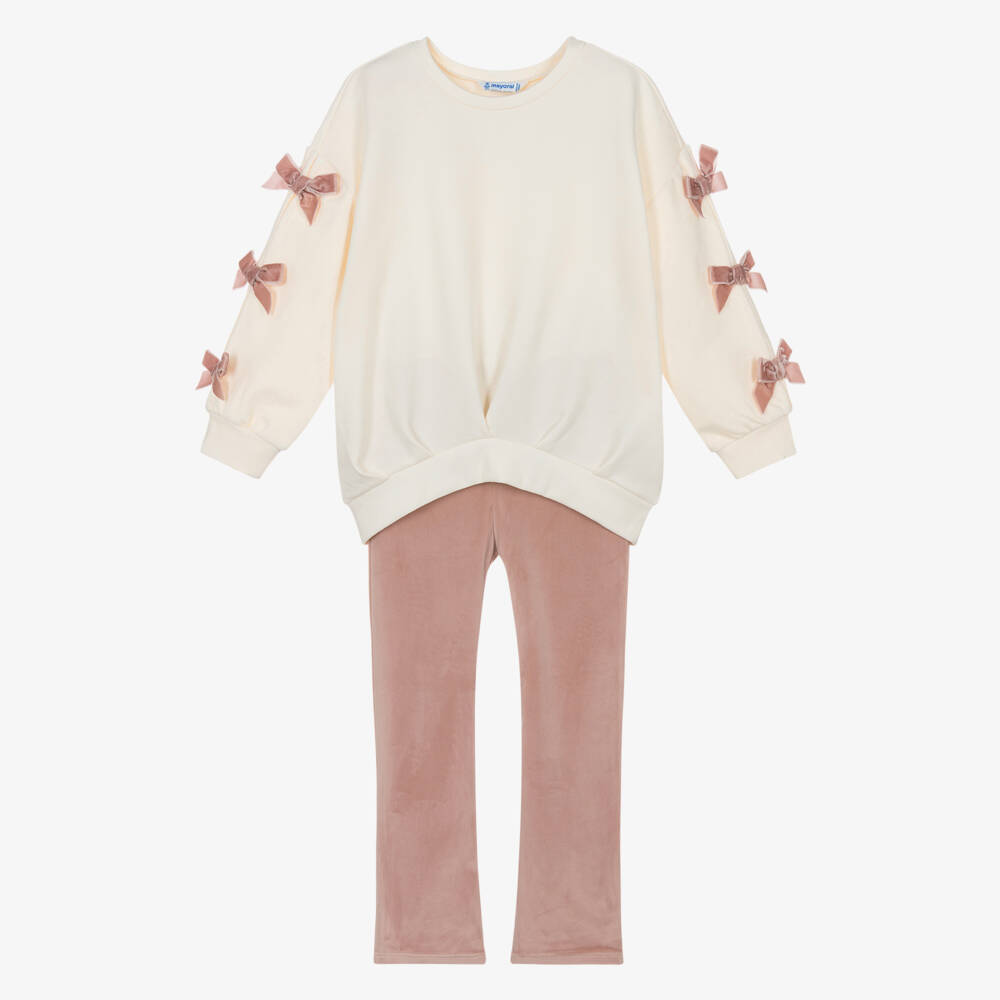 Mayoral-Girls Ivory & Pink Leggings Set with Velvet Bows | Childrensalon Outlet