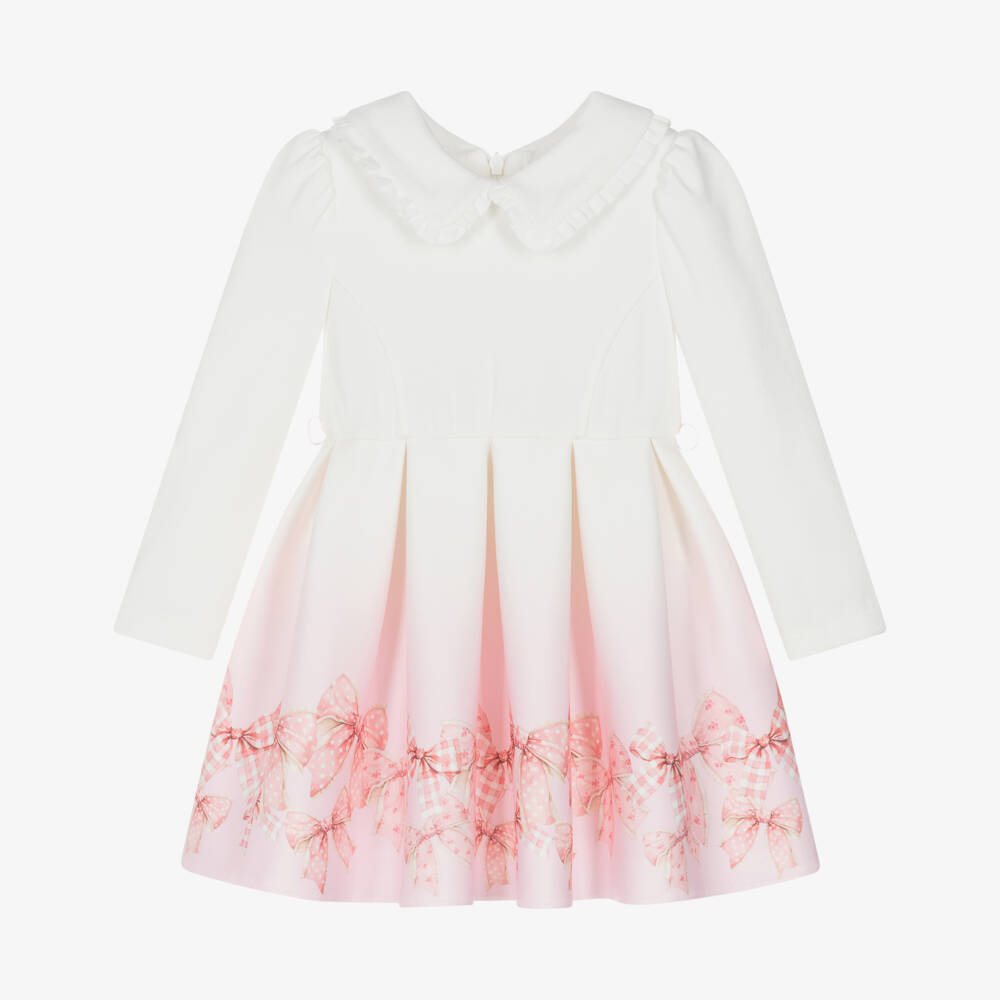 Monnalisa-Girls Ivory & Pink Ombré Milano Jersey Bow Print Dress | Childrensalon Outlet
