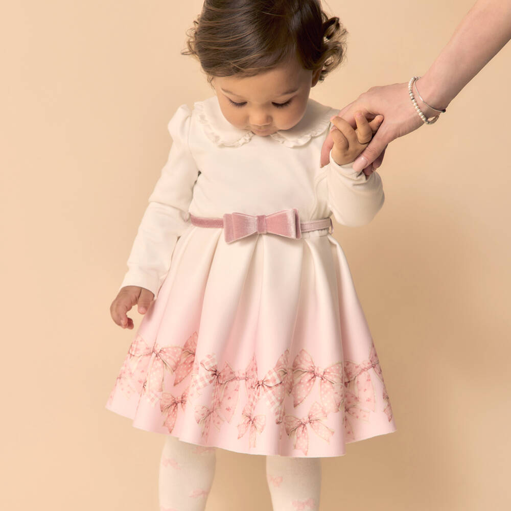 Monnalisa-Girls Ivory & Pink Ombré Milano Jersey Bow Print Dress | Childrensalon Outlet
