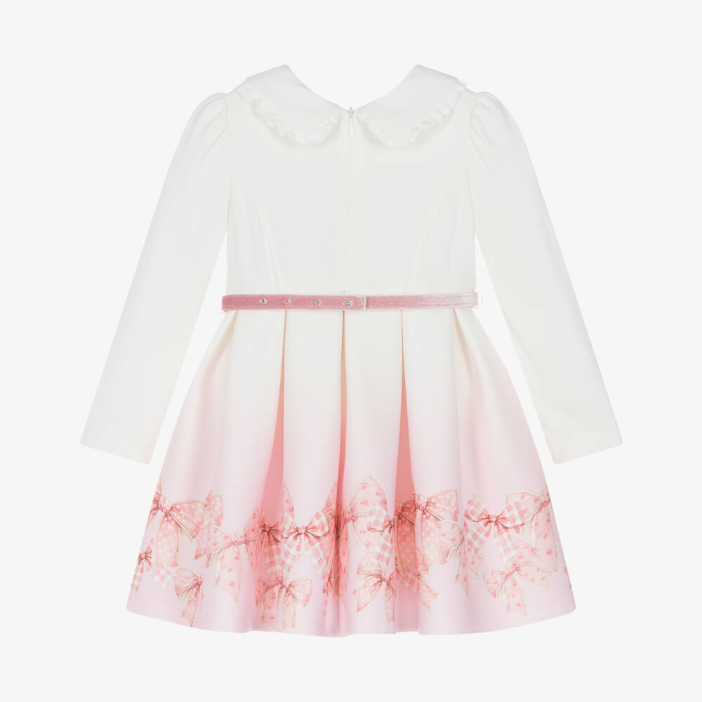 Monnalisa-Girls Ivory & Pink Ombré Milano Jersey Bow Print Dress | Childrensalon Outlet