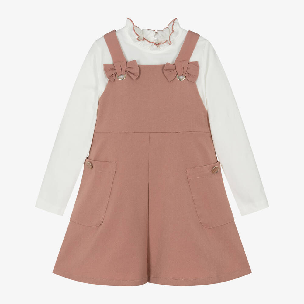 Mayoral-Girls Ivory & Pink Pinafore Dress Set with Bows | Childrensalon Outlet