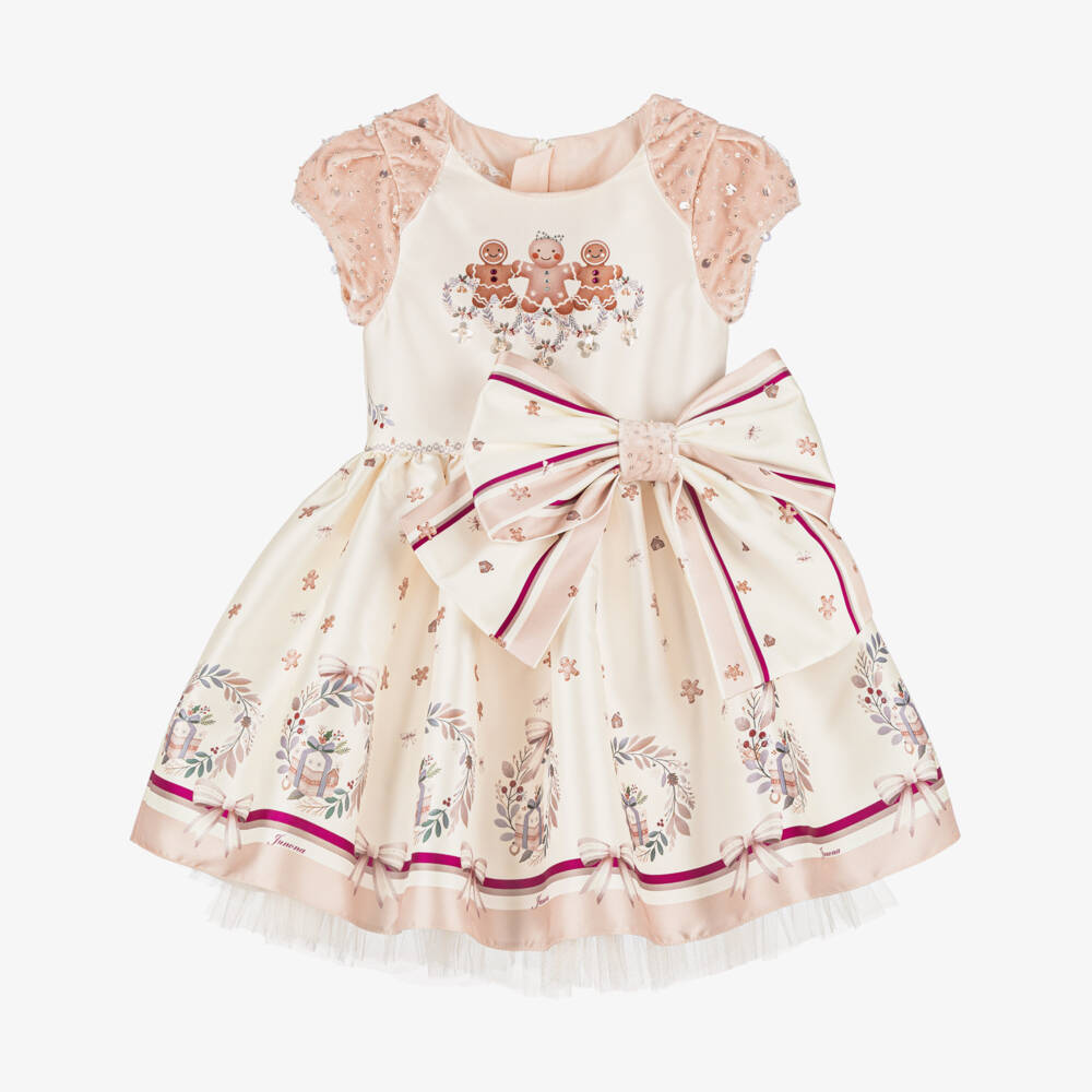 Junona-Girls Ivory & Pink Satin Gingerbread Dress | Childrensalon Outlet