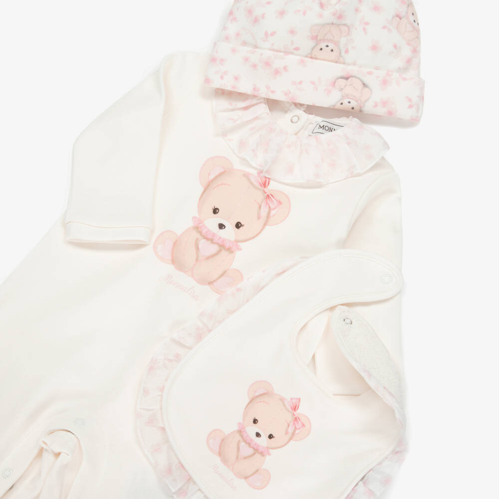 Monnalisa-Girls Ivory & Pink Teddy Bear Print Babysuit Set | Childrensalon Outlet