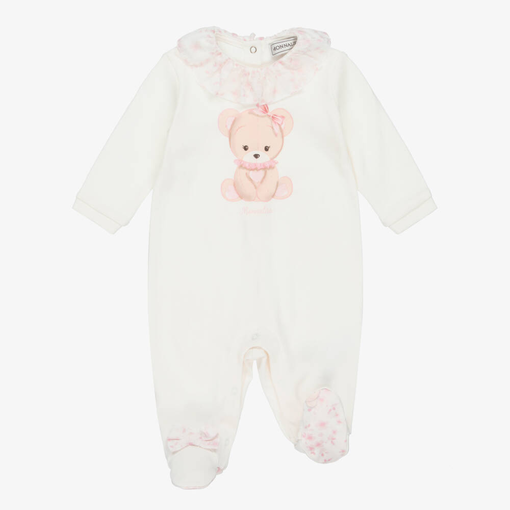 Monnalisa-Girls Ivory & Pink Teddy Bear Print Babysuit Set | Childrensalon Outlet