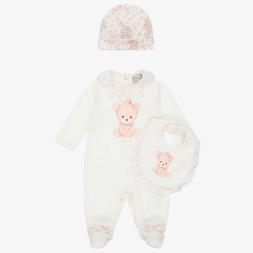 Monnalisa-Girls Ivory & Pink Teddy Bear Print Babysuit Set | Childrensalon Outlet