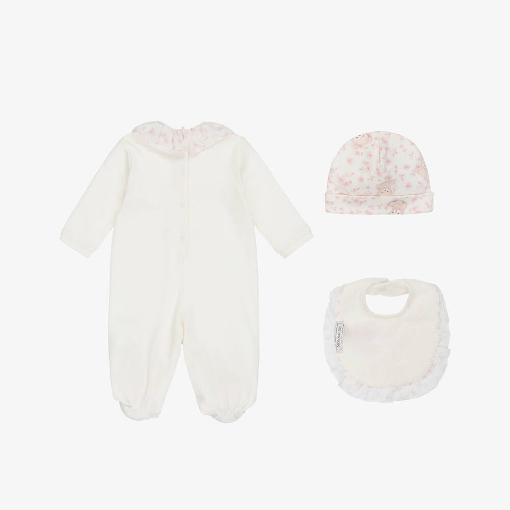 Monnalisa-Girls Ivory & Pink Teddy Bear Print Babysuit Set | Childrensalon Outlet