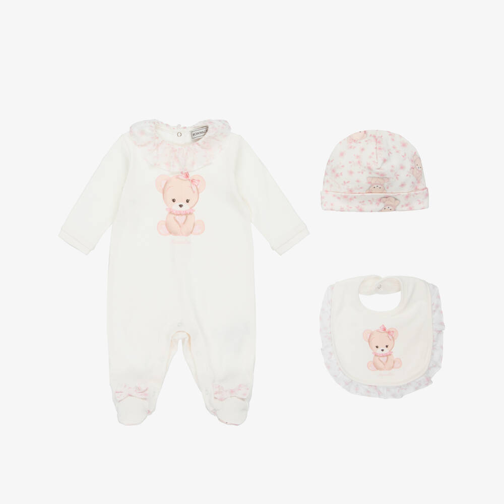 Monnalisa-Girls Ivory & Pink Teddy Bear Print Babysuit Set | Childrensalon Outlet