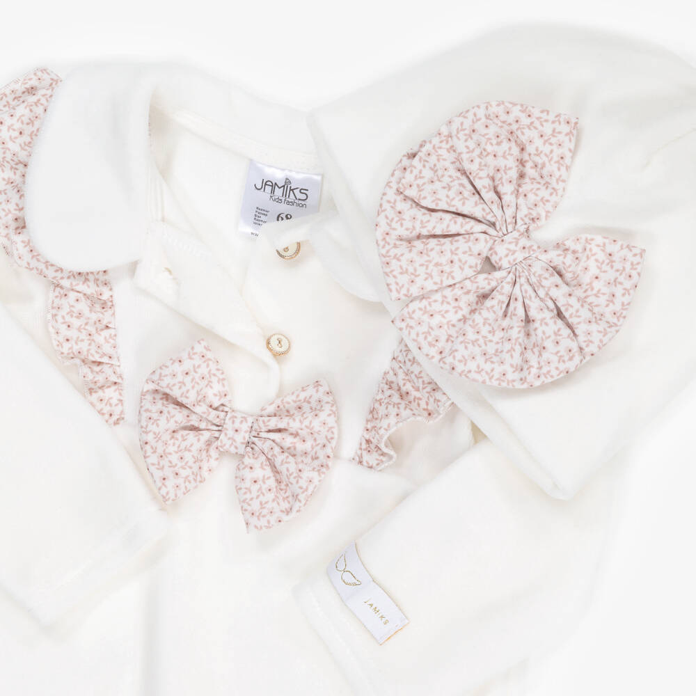 Jamiks-Girls Ivory & Pink Velour Floral Bow Babysuit Set | Childrensalon Outlet