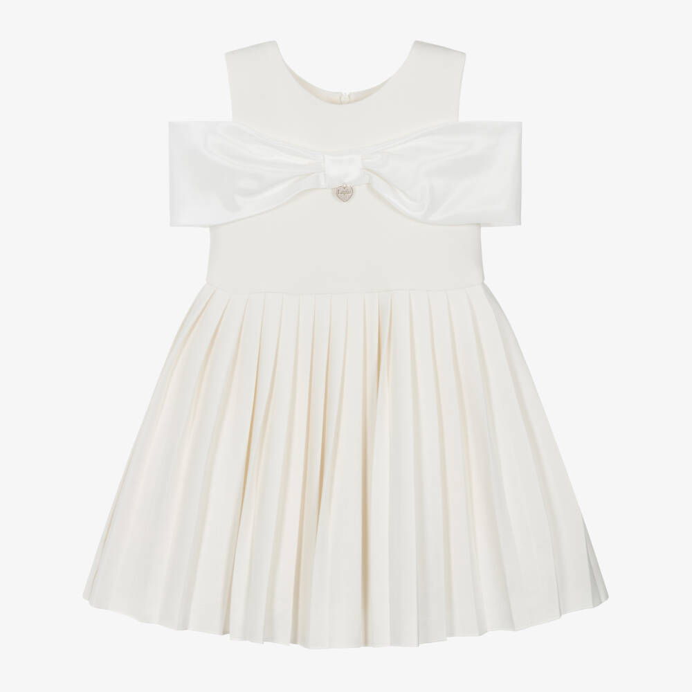 Lapin House-Girls Ivory Pleated Jersey Dress with Satin Bow | Childrensalon Outlet