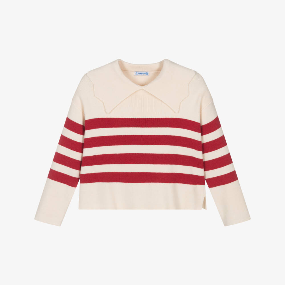 Mayoral-Girls Ivory & Red Stripe Collared Sweater | Childrensalon Outlet