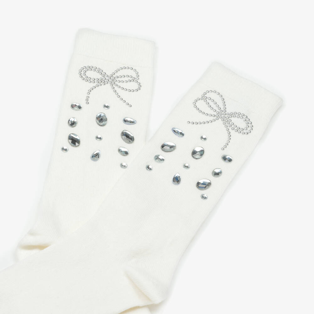 Monnalisa-Girls Ivory Rhinestone & Studded Bow Socks | Childrensalon Outlet