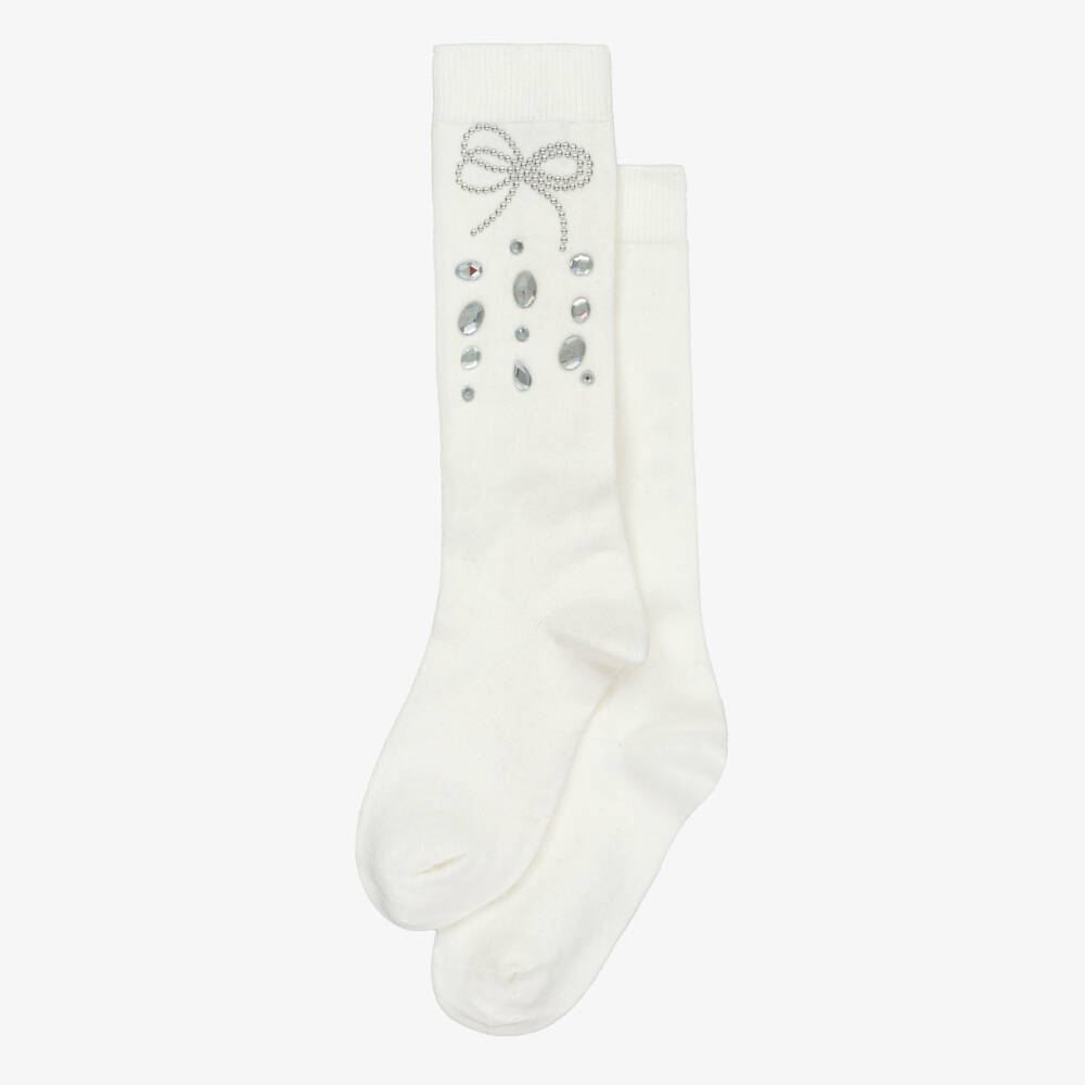 Monnalisa-Girls Ivory Rhinestone & Studded Bow Socks | Childrensalon Outlet