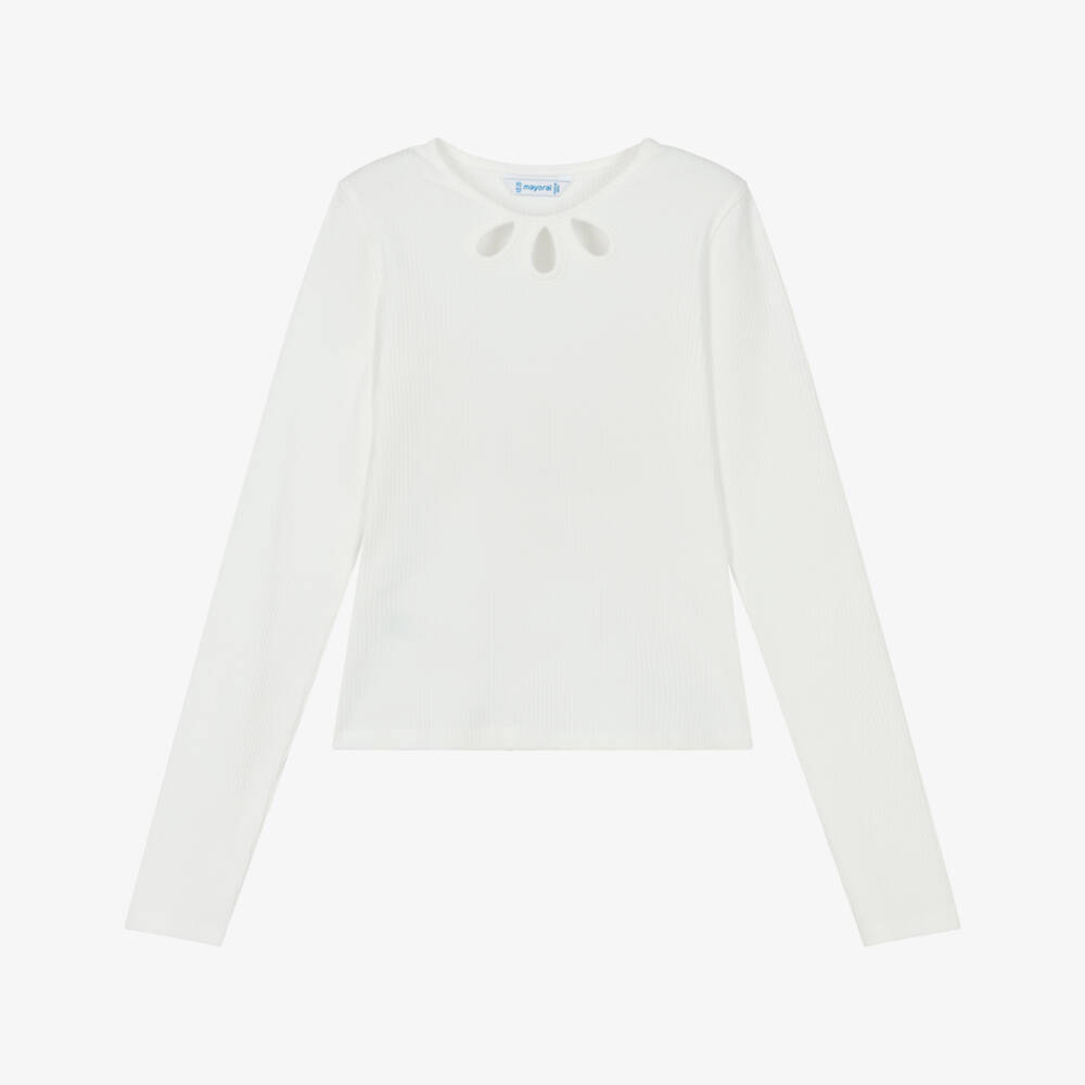 Mayoral-Girls Ivory Ribbed Cotton Jersey Top | Childrensalon Outlet