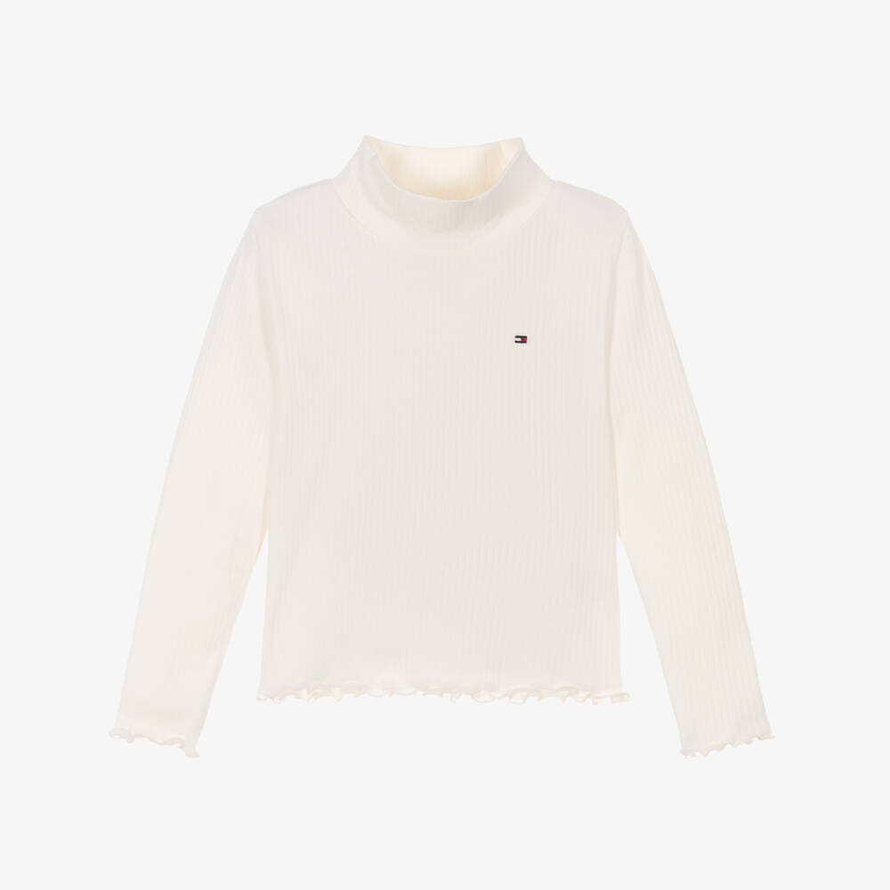 Tommy Hilfiger-Girls Ivory Ribbed Cotton Jersey Turtle Neck Top | Childrensalon Outlet