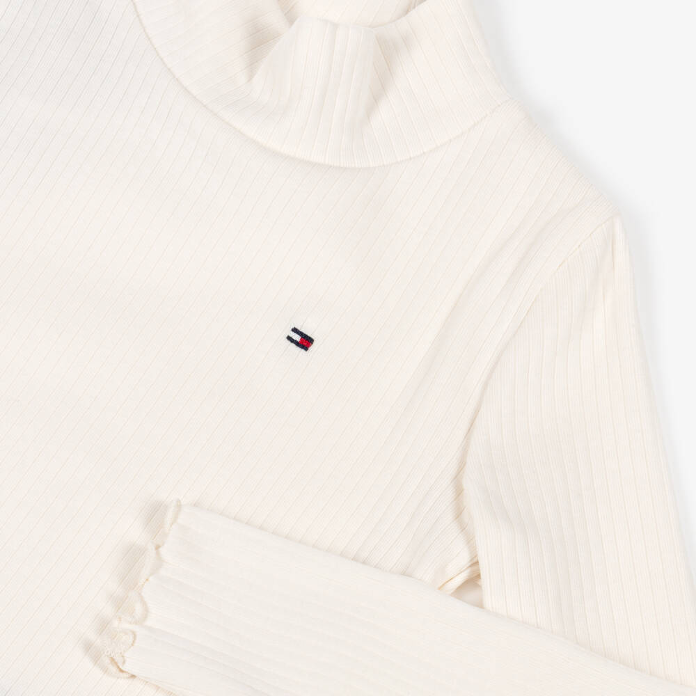 Tommy Hilfiger-Girls Ivory Ribbed Cotton Jersey Turtle Neck Top | Childrensalon Outlet