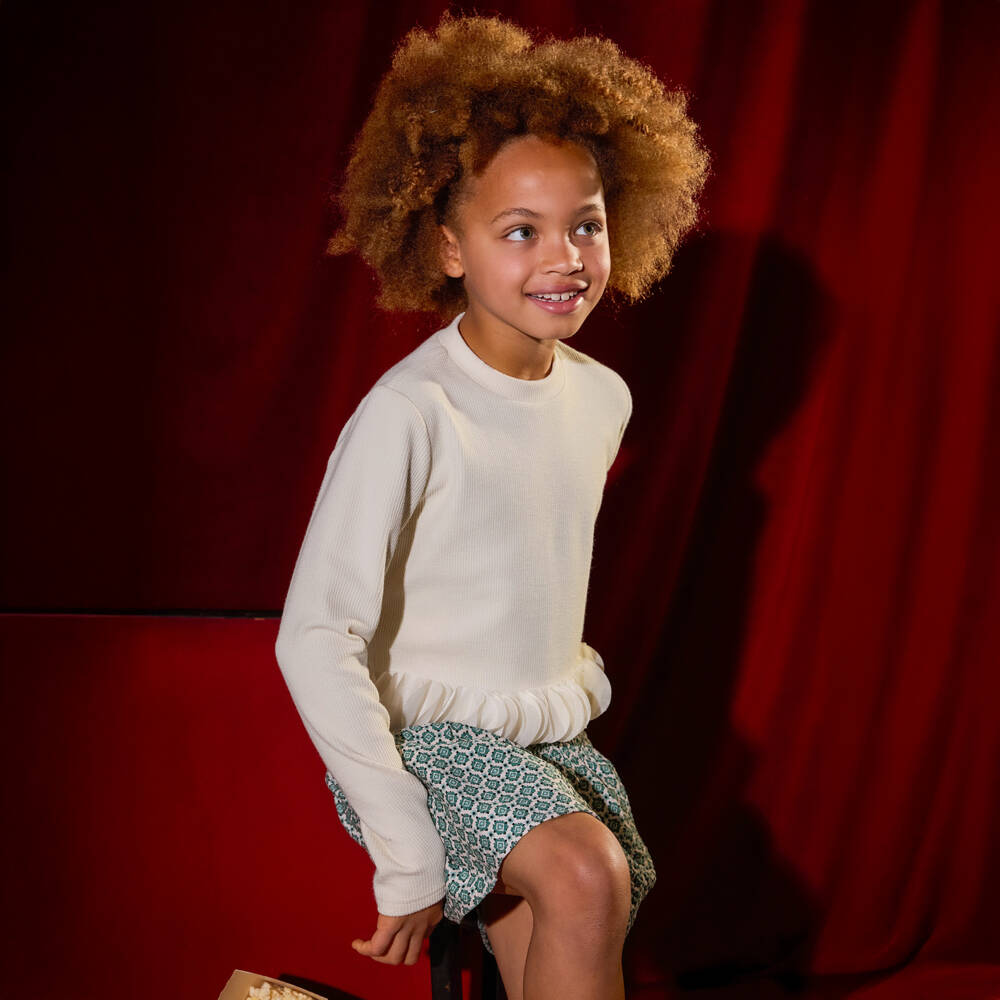 Mayoral-Girls Ivory Ribbed Jersey Top with Fancy Petal Trim | Childrensalon Outlet