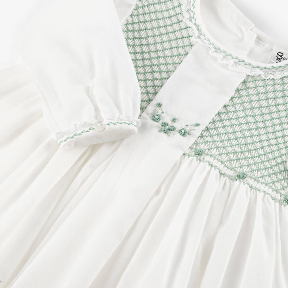 Sarah Louise-Girls Ivory & Sage Green Hand-Smocked Dress | Childrensalon Outlet