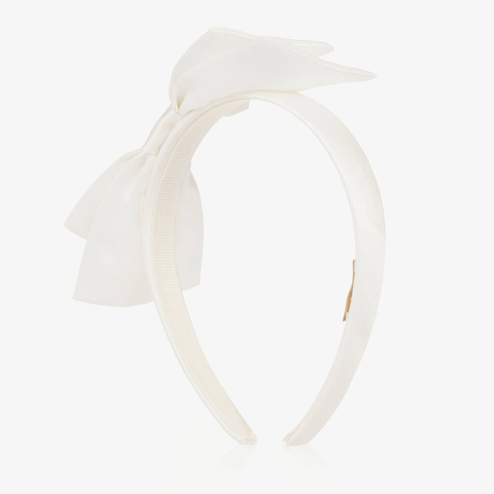Il Gufo-Girls Ivory Satin & Silk Bow Hairband | Childrensalon Outlet