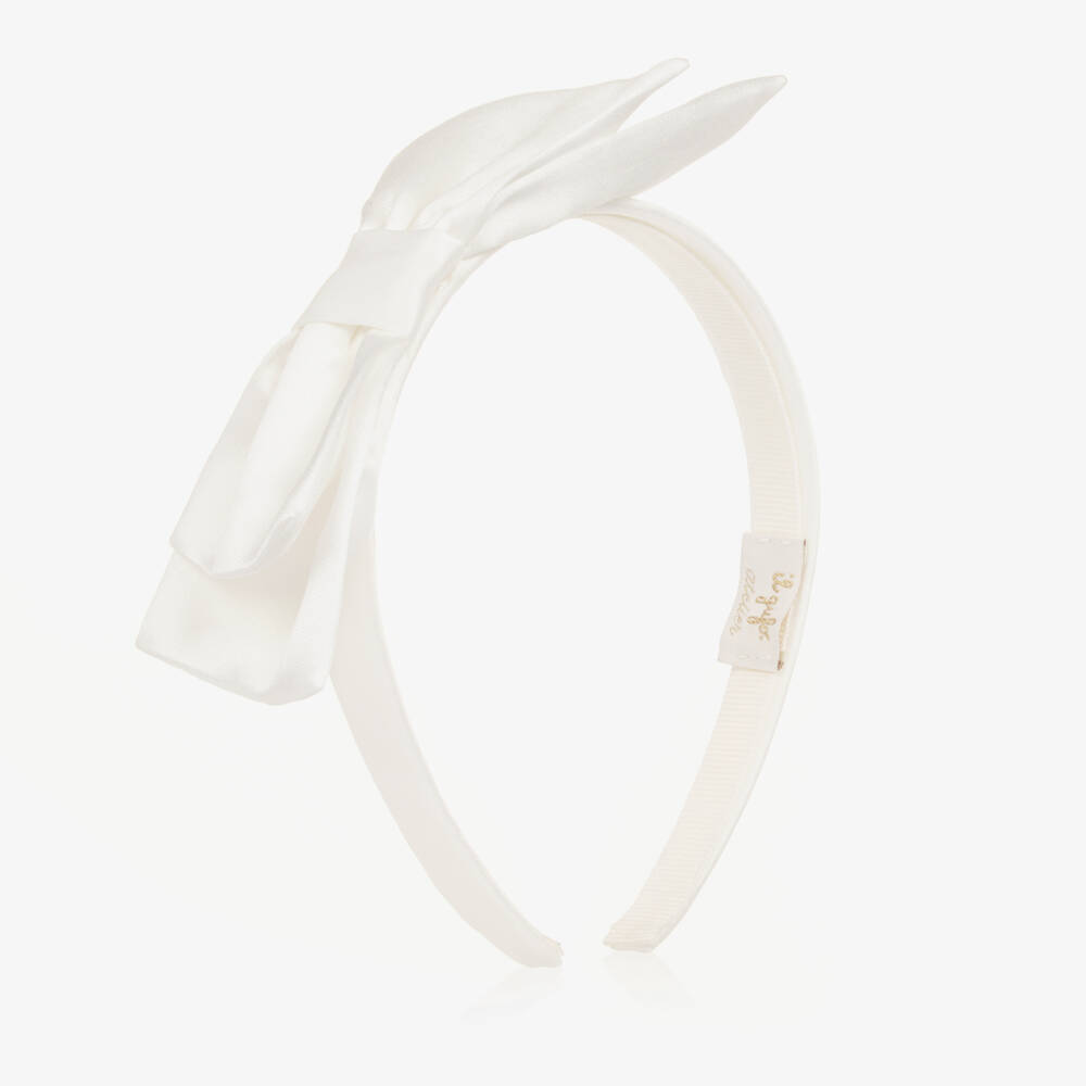Il Gufo-Girls Ivory Satin & Silk Bow Hairband | Childrensalon Outlet