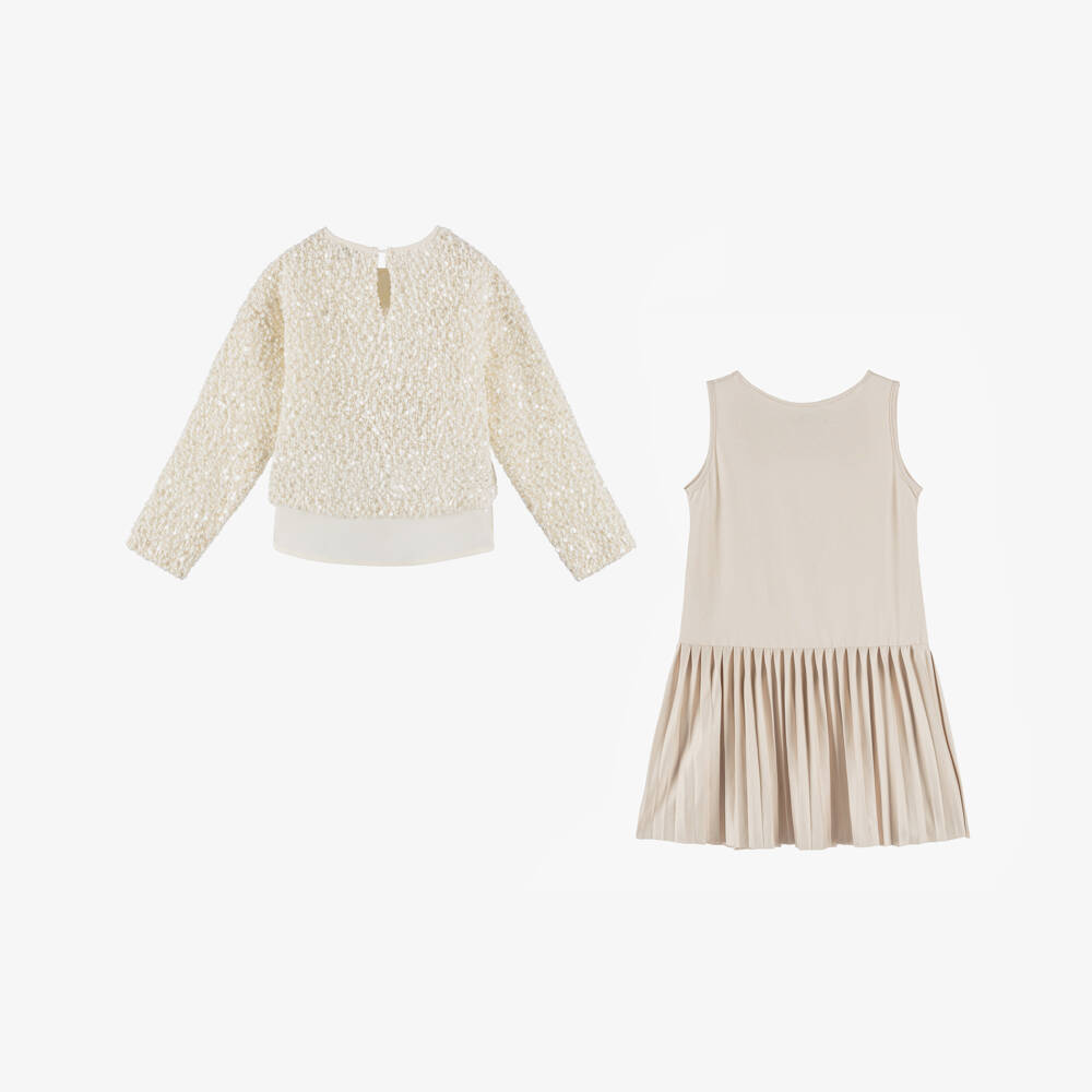 Mayoral-Girls Ivory Sequin & Beige Pleated Dress Set | Childrensalon Outlet