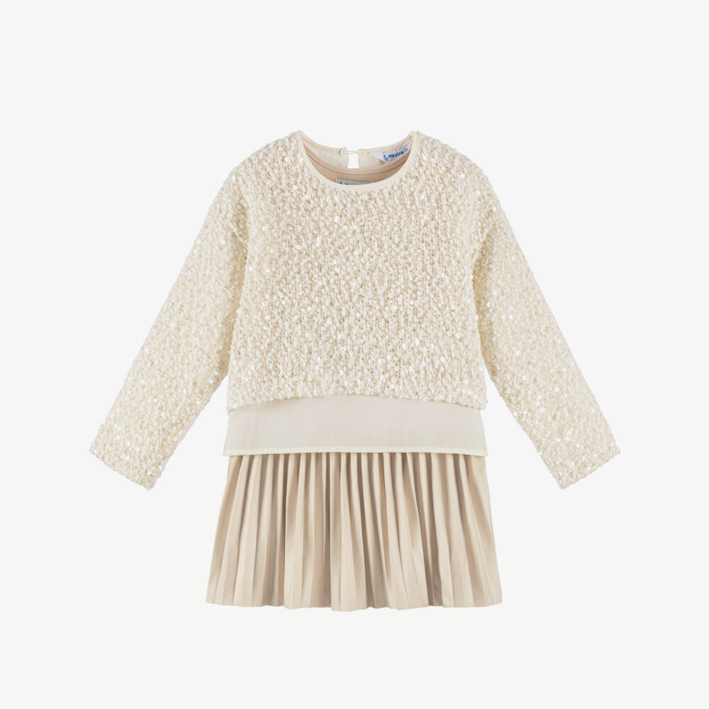 Mayoral-Girls Ivory Sequin & Beige Pleated Dress Set | Childrensalon Outlet