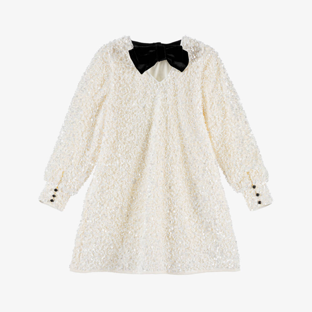 Abel & Lula-Girls Ivory Sequin Dress with Black Bow | Childrensalon Outlet