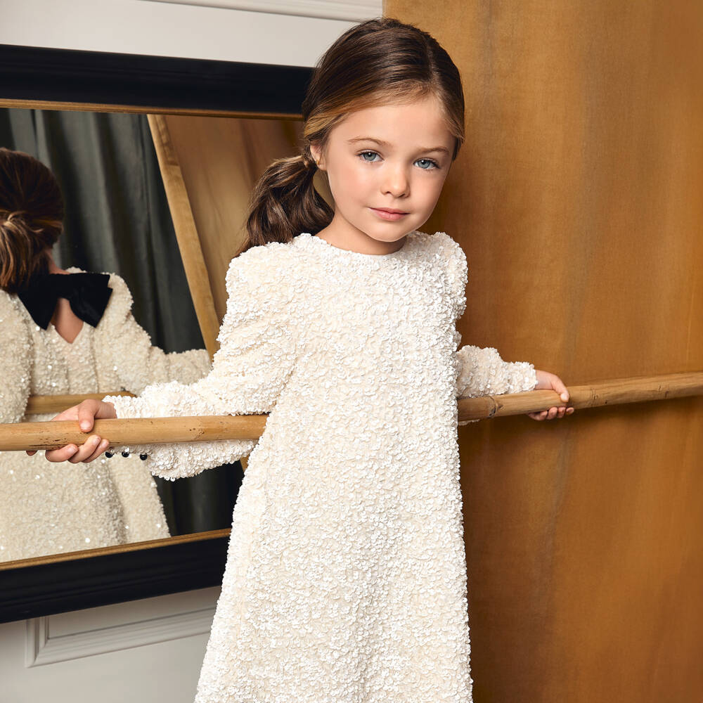 Abel & Lula-Girls Ivory Sequin Dress with Black Bow | Childrensalon Outlet